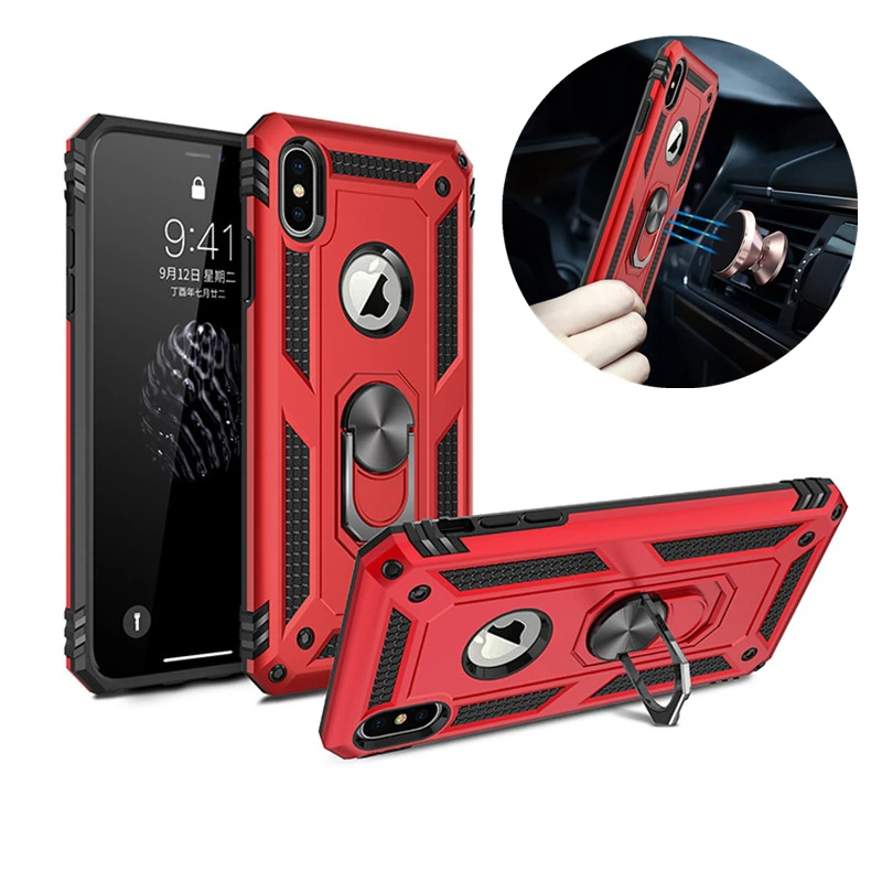 Rugged Armor Phone Case For iPhone X XR XS 11 12 13 Mini Pro Max 6 7 8 Plus Finger Magnetic Ring Hard Holder Shockproof Cover