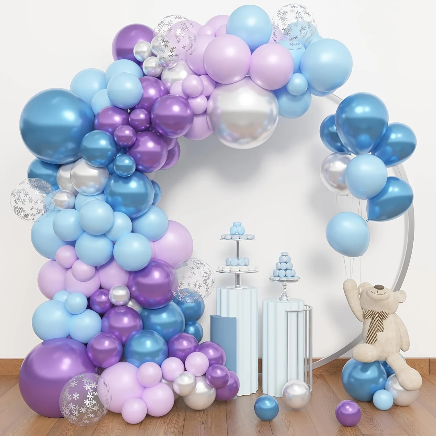 147-teiliges Ballon-Girlanden-Set Blau Lila Verschiedene Perlglanz Metallic Konfetti Schnee-Ballons Prinzessin Winter Themen-Party Dekoration
