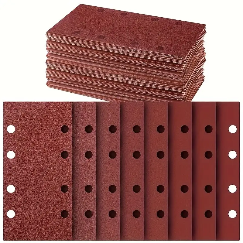 60Pcs 8-Hole Rectangular Sanding Sheets, 60-800 Grit Abrasive Sandpaper for Plastic, Stone, Glass, Metal Polishing