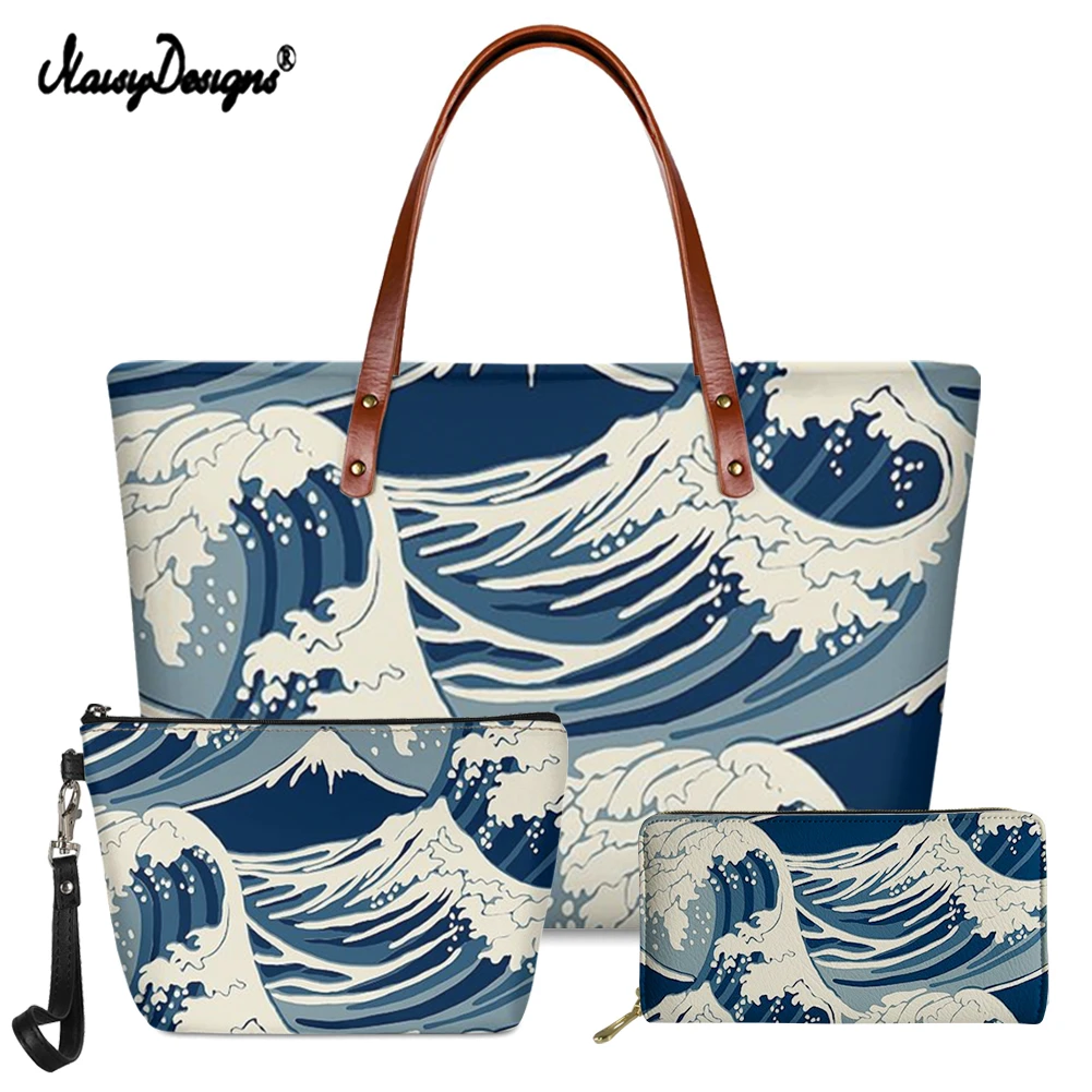 NOISYDESIGNS The Great Wave by Katsushika Hokusai Printed Women Shoulder Bag Luxury 3Pcs/Set Handbag&Purse Large Capacity Tote