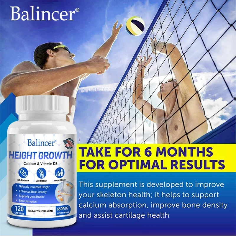 Height growth supplement contains calcium and vitamin D3 to help increase height, bone density, and joint health support