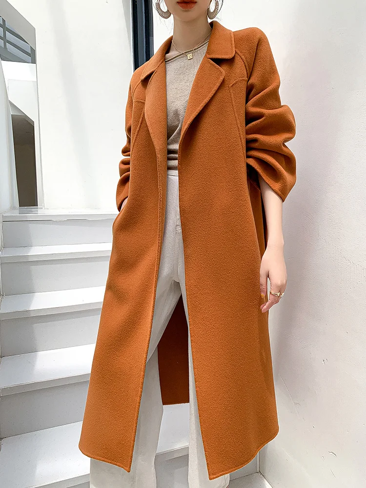 Waist-Tight Lace-up Women's Coat Reversible Woolen Coat Pure Wool New Fashion Trendy Autumn and Winter Women's Clothing