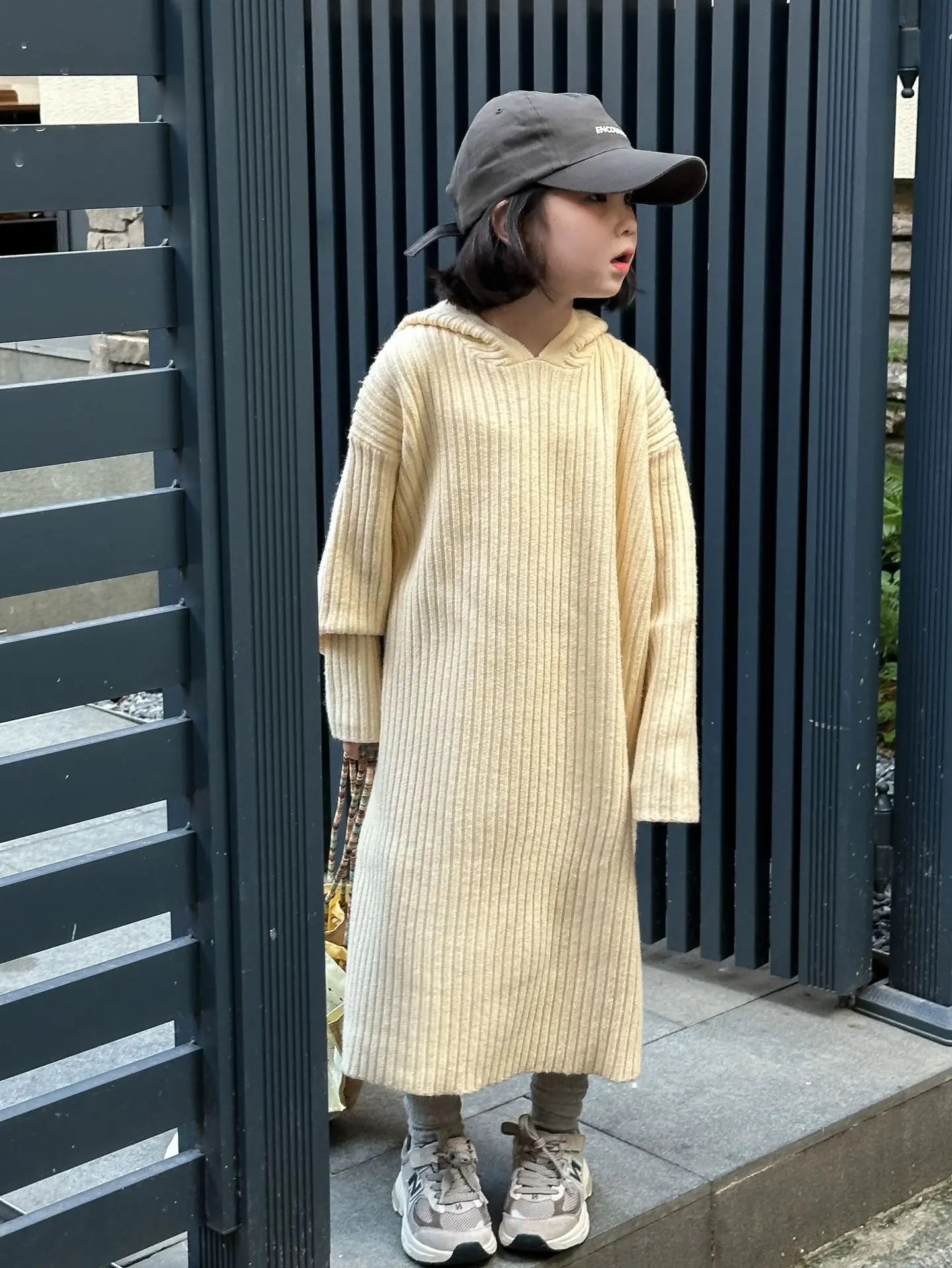 

Winter Toddler Girl Sweater Dress Cotton Solid Thick Hooded Baby Girl Pullover Dress Loose Ribbed Knitwear Children Girl Vestido