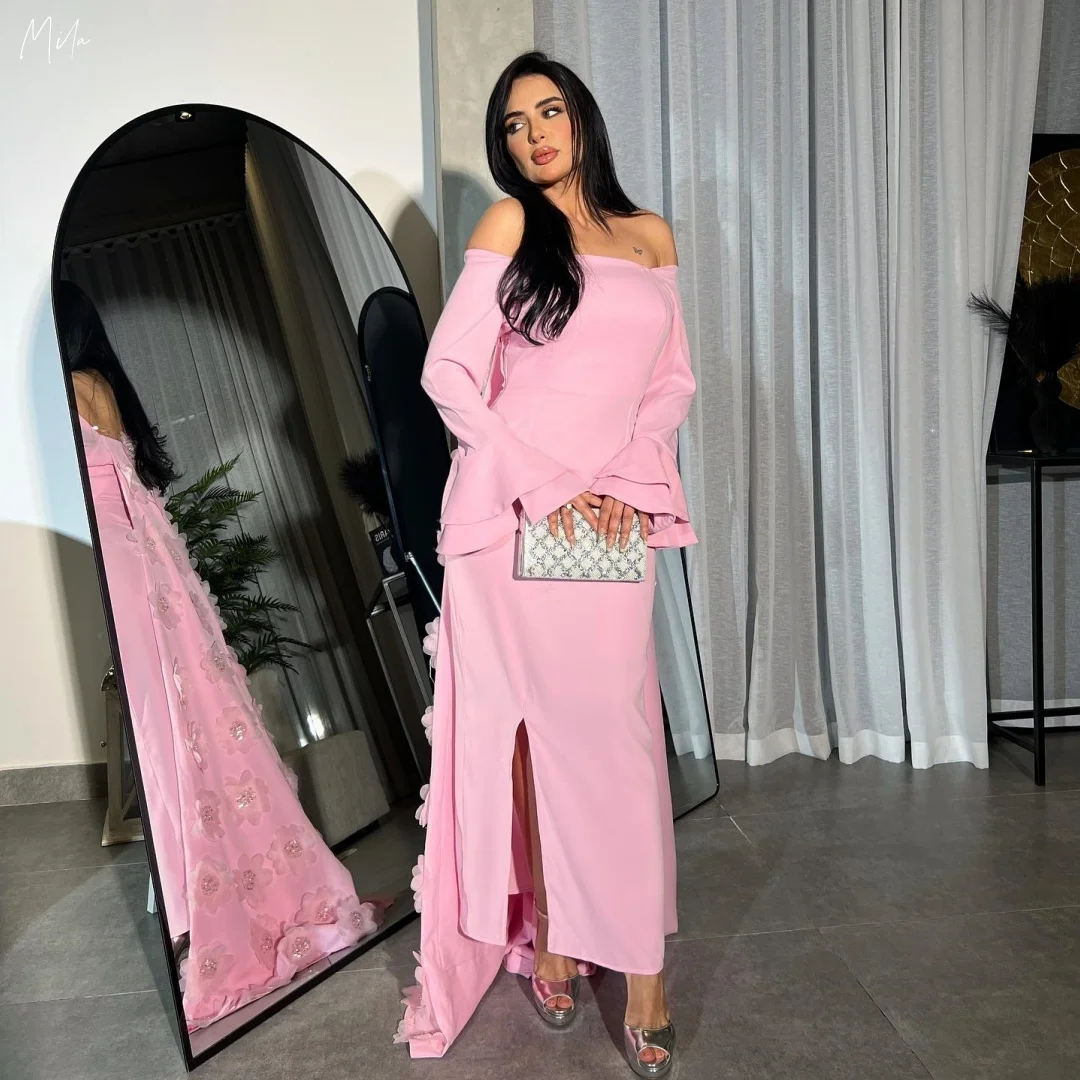 

Mila Pink Off-Shoulder Gown Prom Dresses Bell Sleeves 3D Flower High Slit Customized Formal Evening Train vestidos de gala 2025