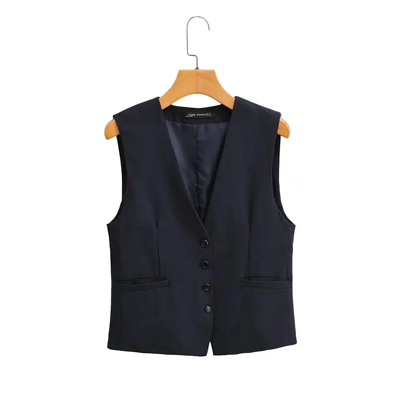 Zevity Women Fashion V Neck Single Breasted Pockets Slim Vest Jacket Ladies Sleeveless Casual Business WaistCoat Tops CT1117