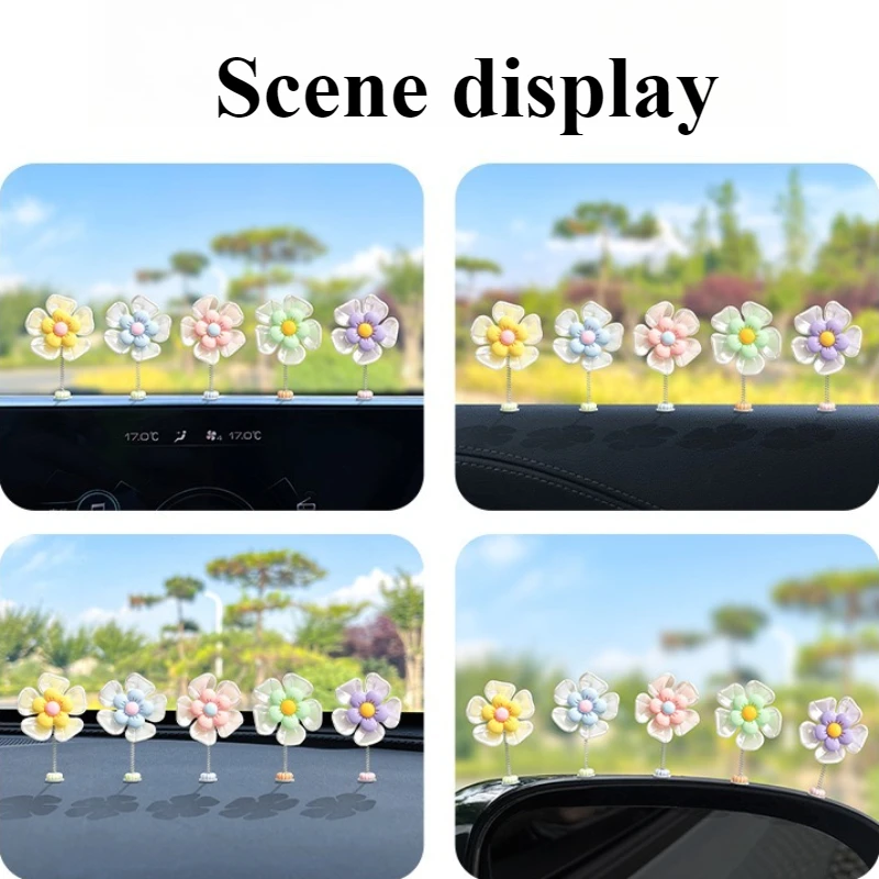 5pcs/set Car Dance Toys Cartoon Shaking Flower Ornaments Resin Auto Accessories Chrysanthemums Car Dashboard Decoration