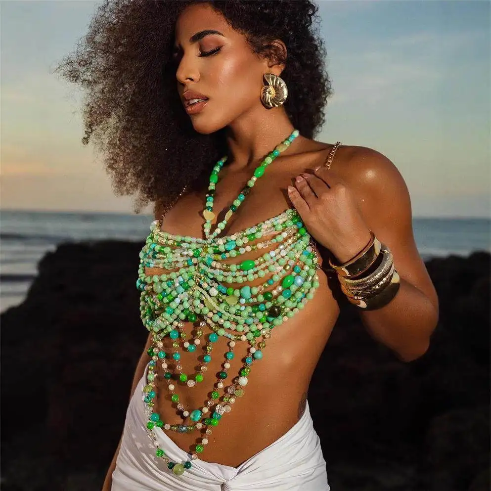 

Модная женская верхняя одежда: осенняя куртка с длинными рукавами и жемчужным бисерным ожерельем-цепочкой на тело с подвеской