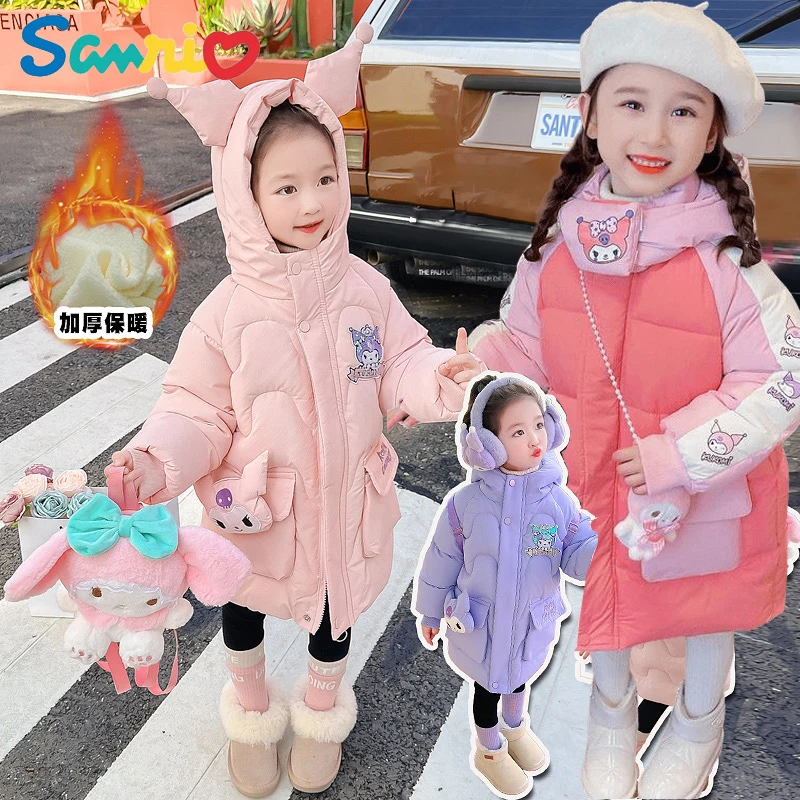 Sanrios Kuromi Girls Kuromi Two-Color Backpack Plus Velvet Cotton Coat Mid-Length Coat Baby Thickened Cartoon Coat Hooded Jacket