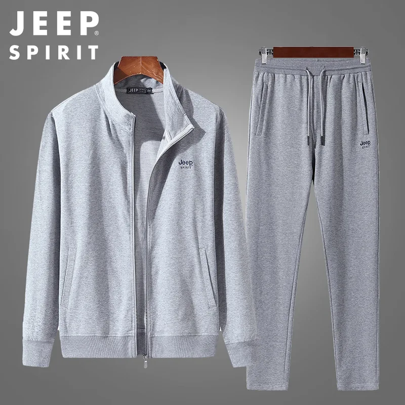 JEEP SPIRIT Men Suit Cotton Long-sleeved Trousers Spring Autumn Pure Color Breathable Cardigan Sportswear Simple Two-piece Set