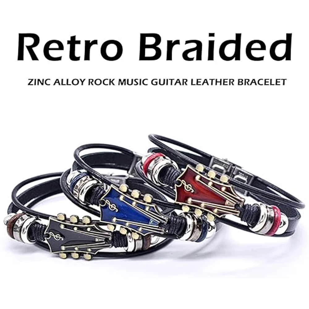 Retro Faux Leather Guitar Bracelet, Punk Rock Music Guitar Genuine Leather Bracelet, Handmade Braided Multi-Layer Wrap Bracelet image 2