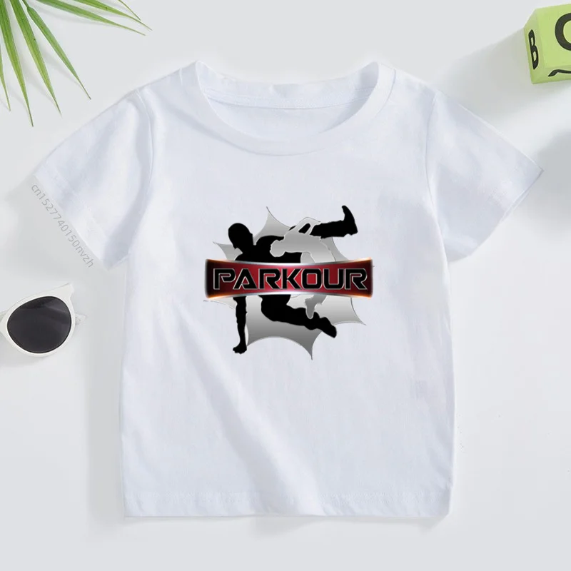 Kids Parkour Design T Shirt Boys/Girls Great Kawaii Short Sleeve Tops Children\'s Funny White T-Shirt