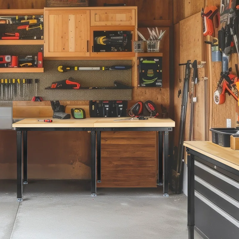 منضدة عمل قابلة للتعديل مقاس 72 بوصة، طاولة عمل خشبية مطاطية شديدة التحمل بوزن 5000 رطل مع لوحة بيجب بمنفذ طاقة لورشة المرآب المنزلية #5