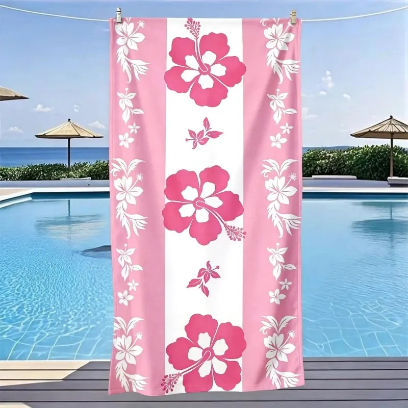 Large Pink Hibiscus Print Beach Towel Oversized Tropical Flower Microfiber Towel for Summer Pool and Beach