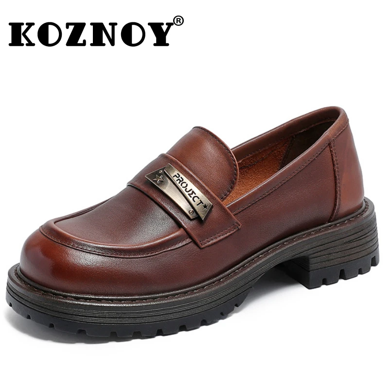 

Koznoy 4cm Genuine Leather Heels Platform Wedge Luxury Mary Jane Women Spring Boots Retro Summer Autumn Pumps Pils Mules Shoes