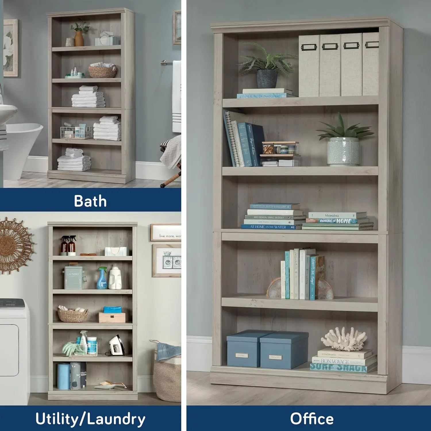 5 Tier Book Shelf Wooden Bookcase Multipurpose Bookshelf For Home Office, Living Room, In Chalked Chestnut