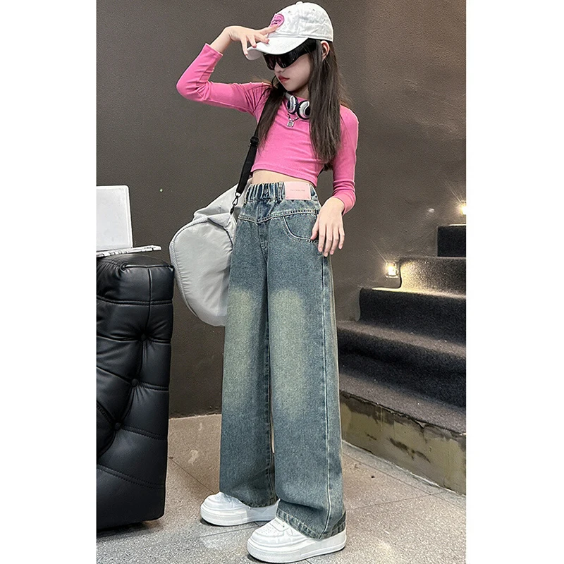 5-14 Jahre Frühling Herbst Mädchen-Jeans, modische Retro- und Vintage-Hose mit fünfzackigem Sternmuster und Stickerei, weit geschnittene Hose für Teenager-Mädchen – Detail 6