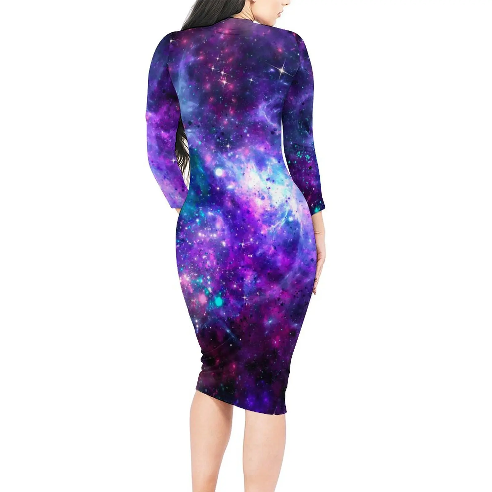 Cosmic Space Print Bodycon Dress Spring Fantasy Galaxy Cute Dresses Female Long Sleeve Design Street Style Dress Big Size