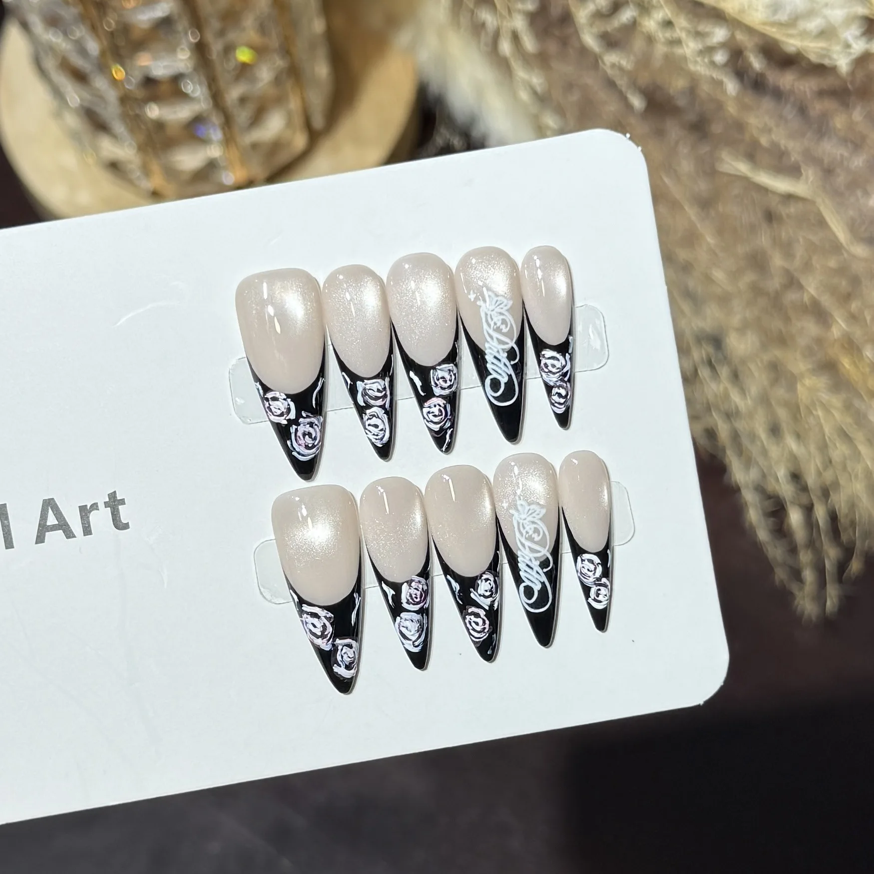 10pcs Handmade Long Tip Press On Nails Cat Eye Black French White Flower Design Sweet Cool Fake Nails Wearable Nails Art Tips