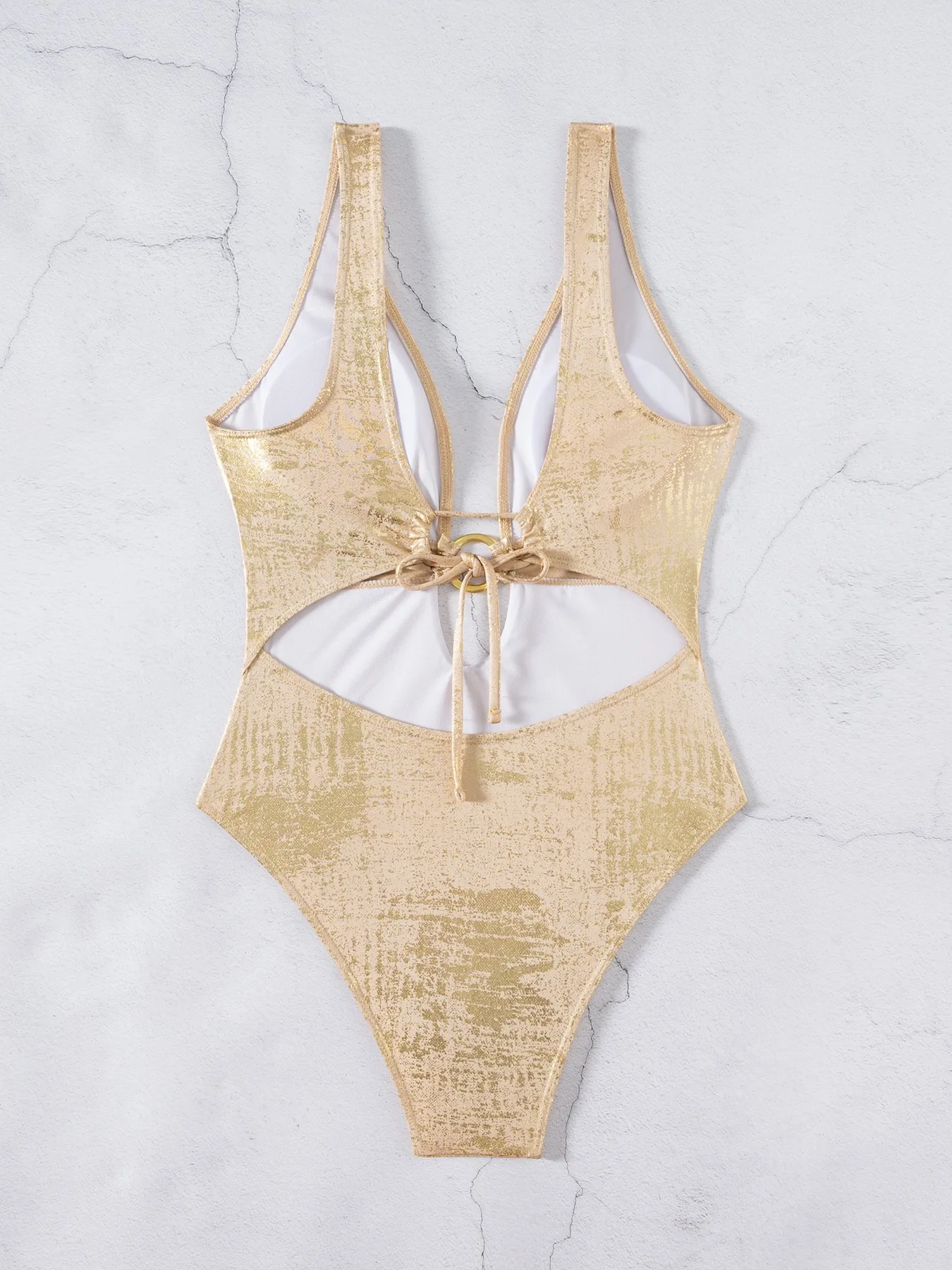 sexy glitter metallic ring swimsuits one piece deep v-neck women's bikinis back tie swimwear bathing suit beach outfits bodysuit