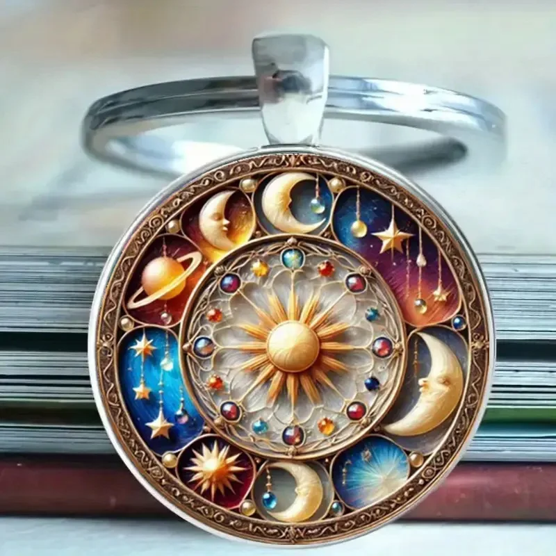 Retro Galaxy Sun Moon Pendant Keychain Unisex 2D Flat Glass Backpack Car Key Hanging Ornaments Perfect Gift For Friends Couple