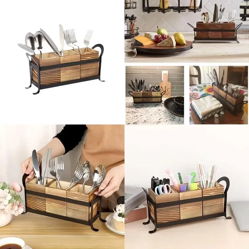 Wooden Desktop Makeup Brush Storage Rack Solid Wood Tableware Organizer for Bedroom Kitchen Countertop