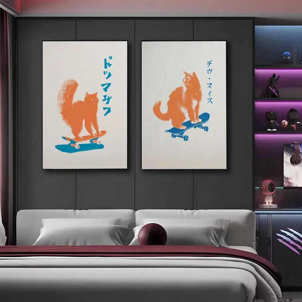 Japanese Pop Art Orange Cat Canvas Poster Retro Skateboard Funny Animal Modern Home Decor Cat Lover Painting Calligraphy