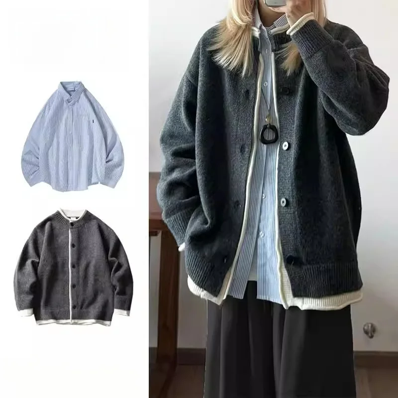 

Men's Knitted Cardigan Jaet round Ne Sweater Set Single Piece Japanese Sle Autumn Winter Long Sve Polyester Fiber