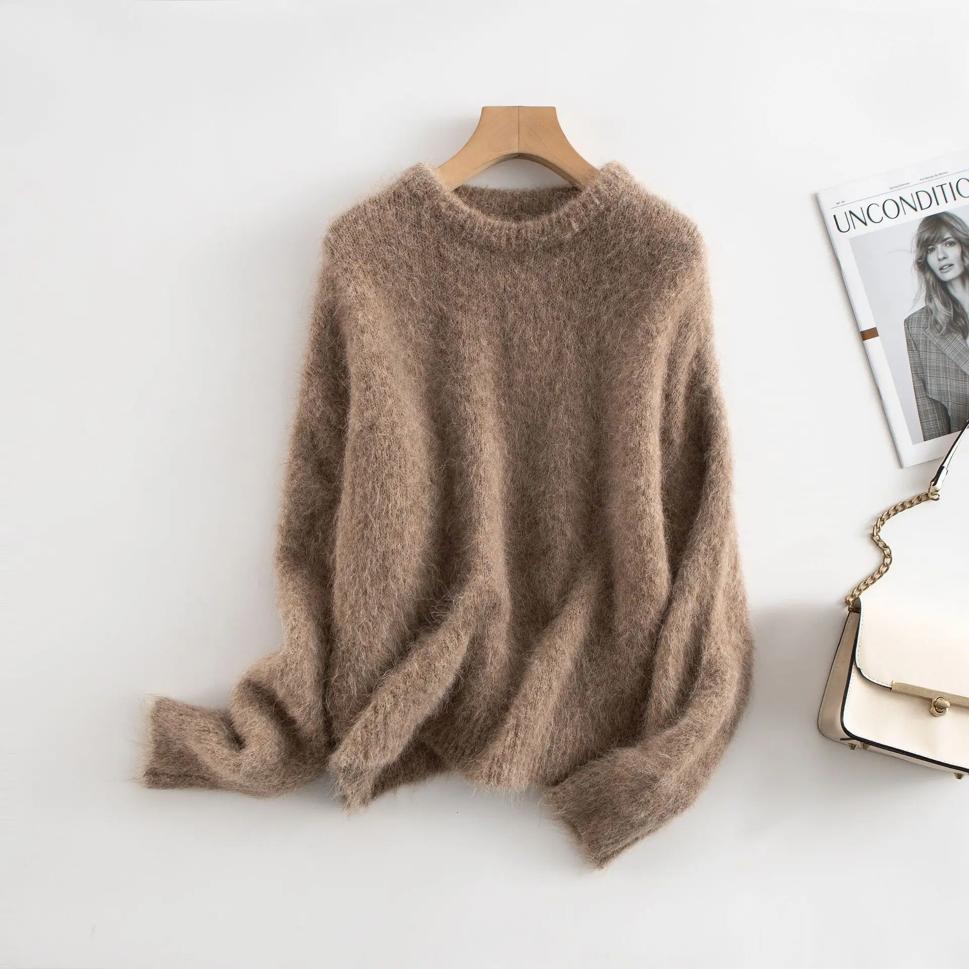 

Warm Alpaca Pullovers for Woman, Dropped Sleeved Loose Sweaters, 2025 Fall Winter Top, Camel, Beige