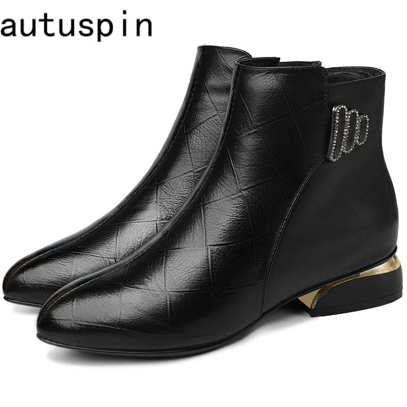 

AUTUSPIN Brand Women Snow Boots 2025 Winter Spring Ladies Office Formal Ankle Boot Genuine Leather Comfortable Low Heels Botas