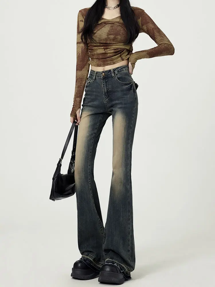 

Ins Hot Girls Retro Micro-flare Jeans Women Spring Hot Style Small Person High Waist Slim American Horseshoe Mopping Floor