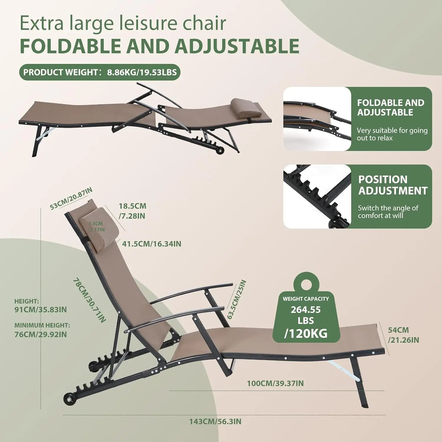 Outdoor Chaise Lounge with Wheels 5 Reclining Positions Set of 2, Customized