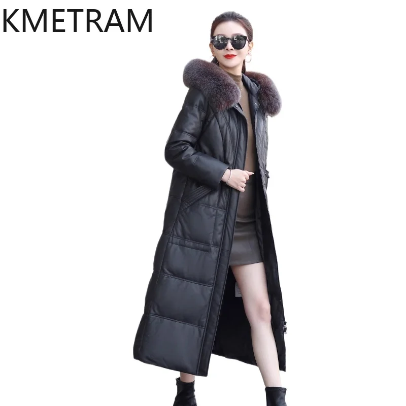 الأبيض أوزة أسفل سترة منفوخة النساء 100% جلد الغنم طويل أسفل معاطف مع غطاء محرك السيارة الثعلب الفراء طوق 2025 الشتاء ملابس امرأة putaхоovyк