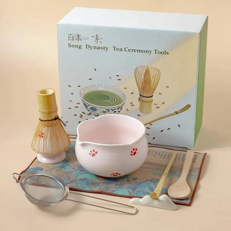 8PCS Cat Paw/Heart/Gradient Matcha Set, Bud-Shaped Ceramic Matcha Bowl, Bamboo Whisk, Tea Scoop, Suitable For Matcha Enthusiasts