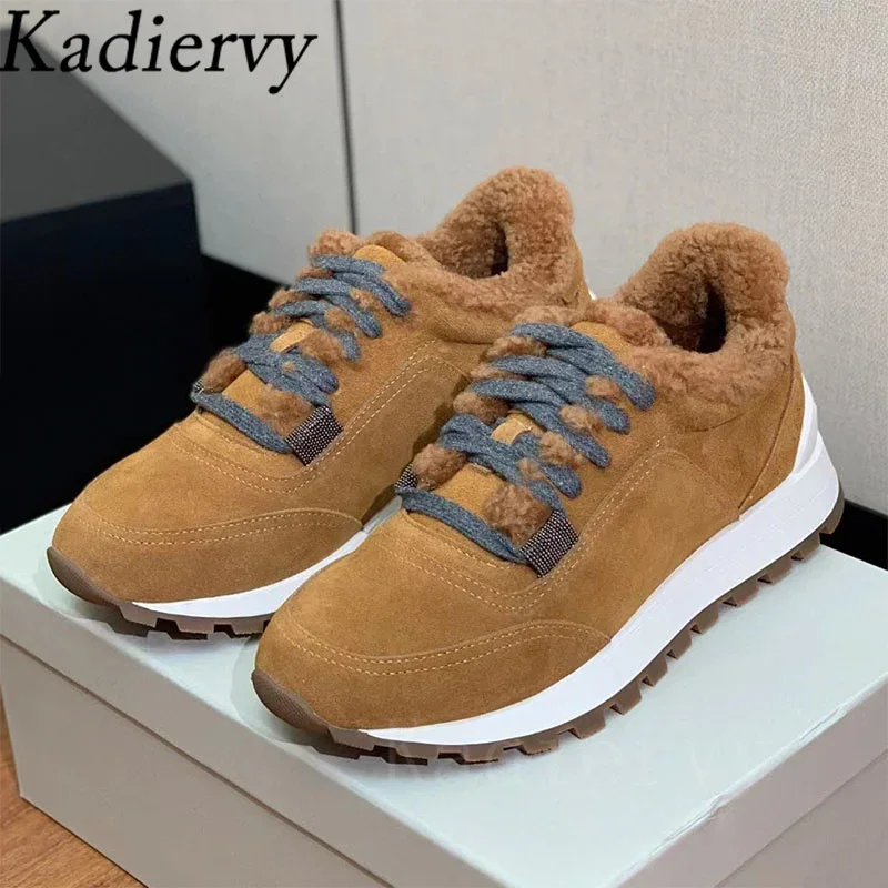 Winter Sneakers Women Lace Up Round Toe Flat Shoes WomanSuede Leather Patchwork Running Shoes Wool Warm Women\'s Sports Shoes