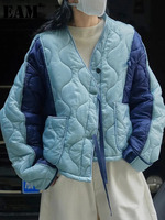 [EAM] Blue Color-block Big Size Warm Cotton-padded Coat Long Sleeve Women Parkas Fashion Tide New Autumn Winter 2025 1DH2262