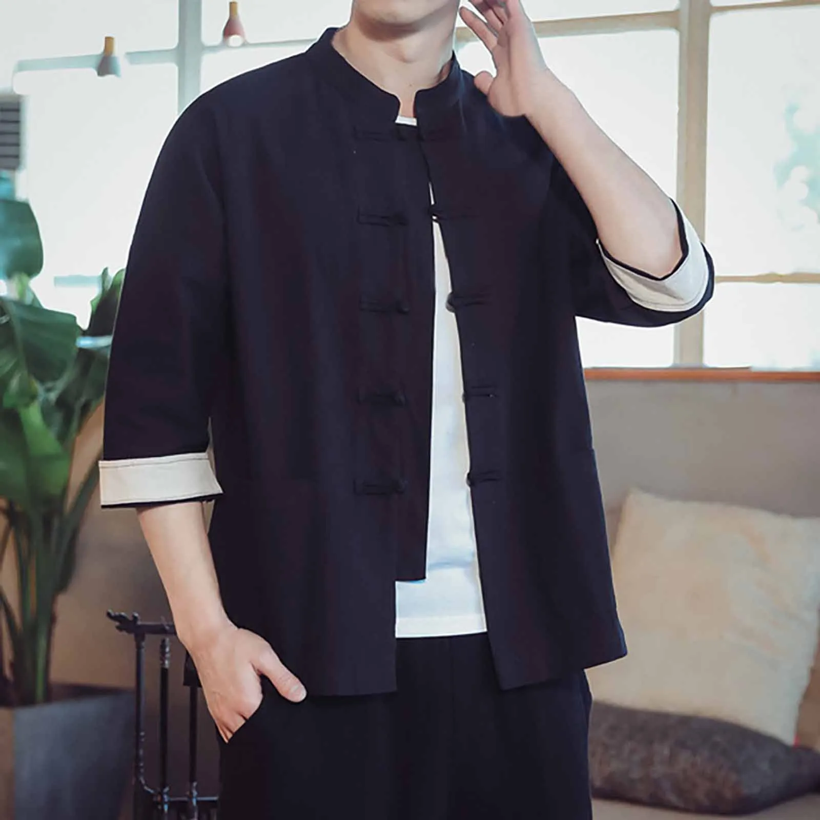 2023 New Chinese Style Mens Tops Tang Suit Linen Half Sleeve Solid Traditional Kung Fu China Style Hanfu Shirt Plus Size Camisas