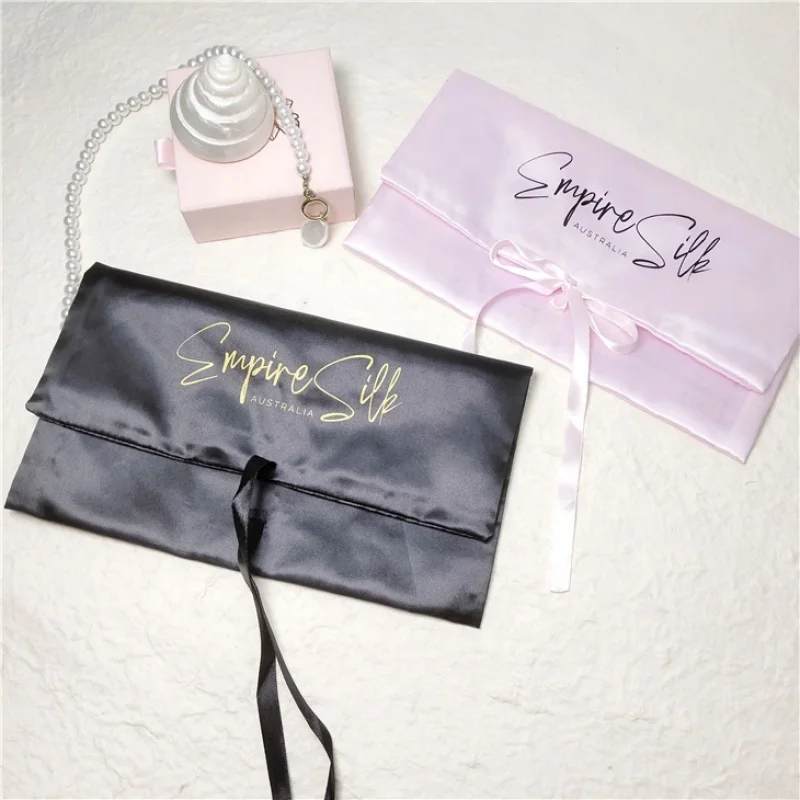 custom.Custom Silver Black Silk Satin Envelope Flap Jewelry Pouch Satin Silk Dust Bags With Ribbon Tie