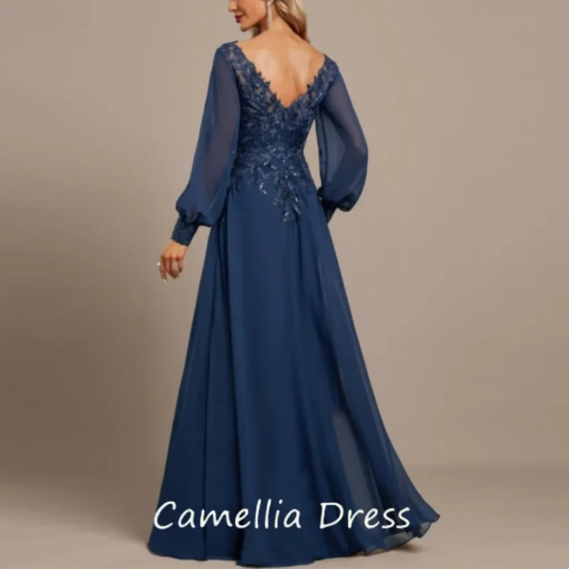 Vestido de noche Formal con Apliques de encaje y lentejuelas, manga larga, línea A, gasa moderna, azul marino, vestido con cuello en V para madre de
