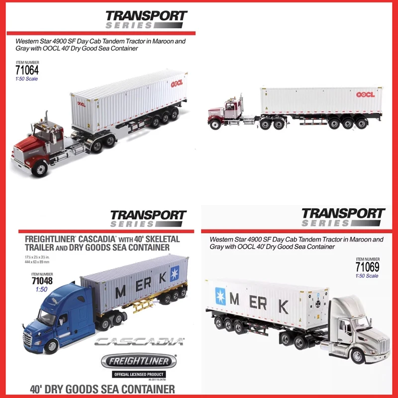 DM 1:50 CASCADIA Cab Tandem Tractor With 40 Dry Good Sea Container Skeleton Trailer Model Alloy 71048/71064/71069 for Collection