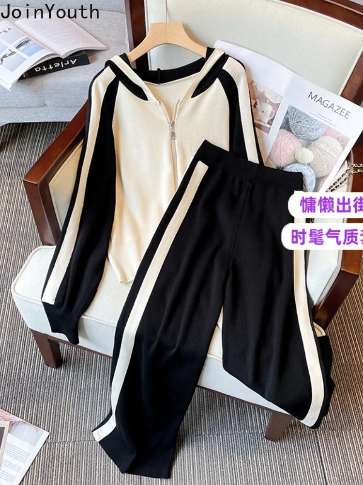 Pants Suit Knit 2 Piece Set Women\'s Clothing Hooded Contrast Color Zipper Tops Straight Wide Leg Pants Outfits Casual Tracksuit