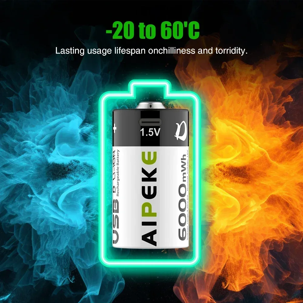 AIPEKE 2-10PC USB 6000mWh D Size Batteries LR20 Lithium Battery Li-ion Rechargeable D Size Batteries 1.5V for Gas Appliances