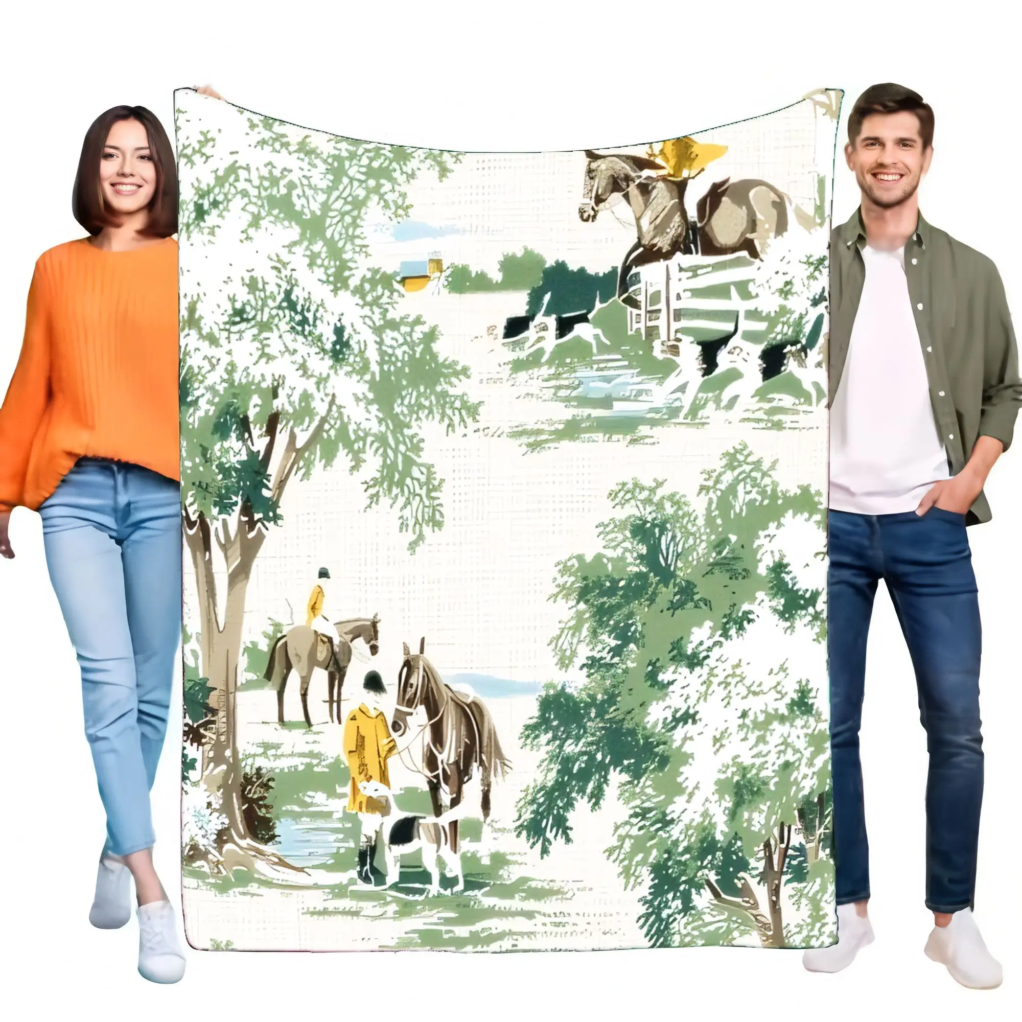 Manta de escena pastoral vintage con caballos y conductores perfecta para una decoración acogedora para la sala de estar, lanzamiento de viaje ligero para exteriores P