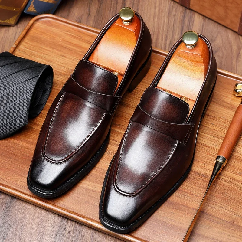 

2024 Summer New Men's Formal Shoes Genuine Leather Square Head Business Casual Suit Lefu Shoes