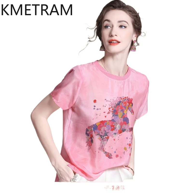 KMETRAM 100% Mulberry Silk T Shirt Women 2026 Summer Commute Style Fashion Printed Short-sleeved Tops Women Clothing Ropa Mujer