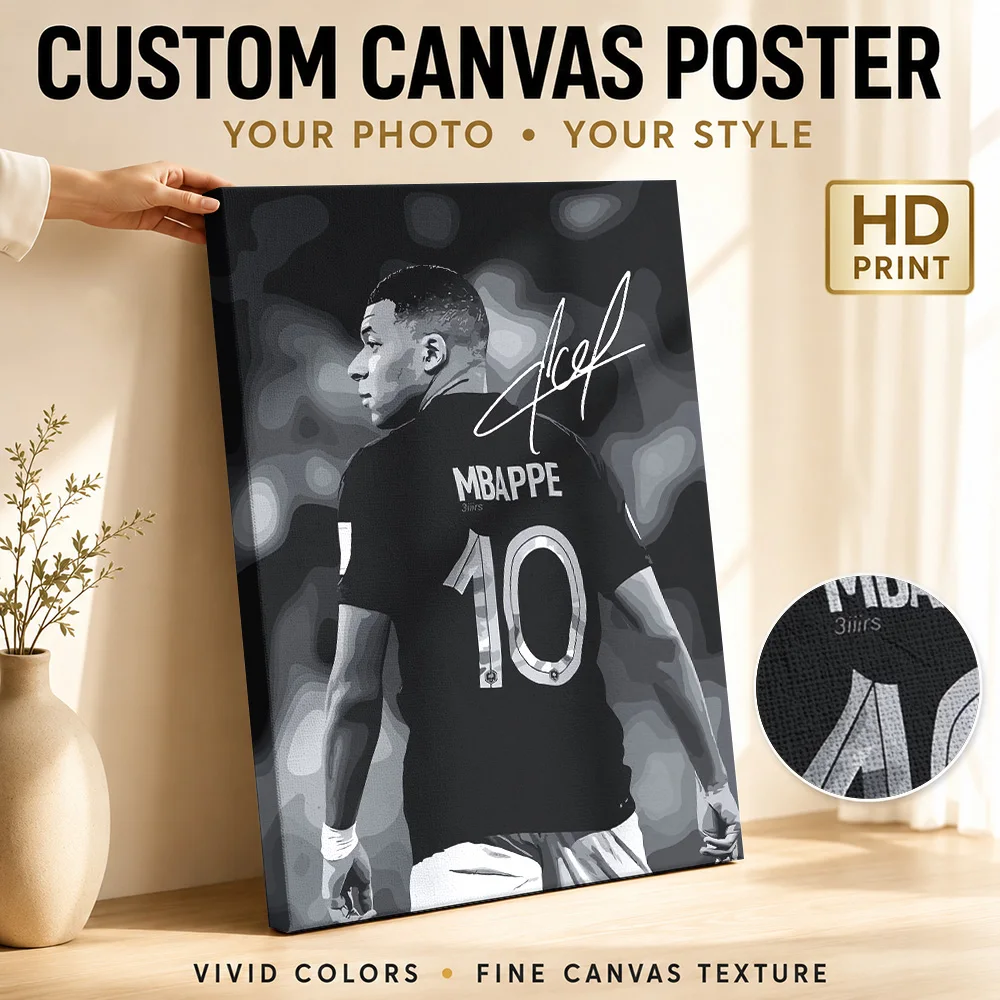 Kylian Mbappe Number 10 Jersey Framed Canvas Print Poster Monochrome Wall Art With Customized Photo For Man Cave Ideal Fan Gift