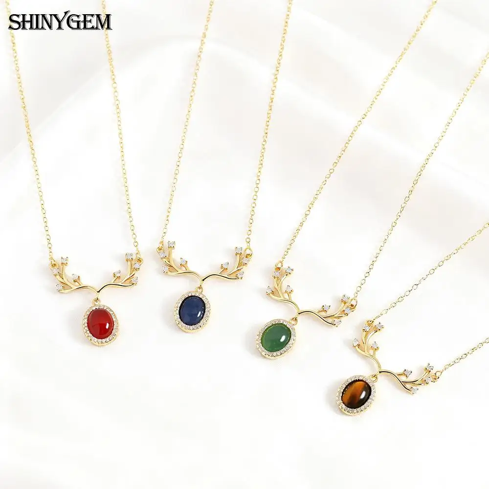 

SHINYGEM 10mm Deer Antler Pendant Necklace Women Gold Color Cubic Zircon Jewelry Colorful Crystal Clavicle Chain Party Gift