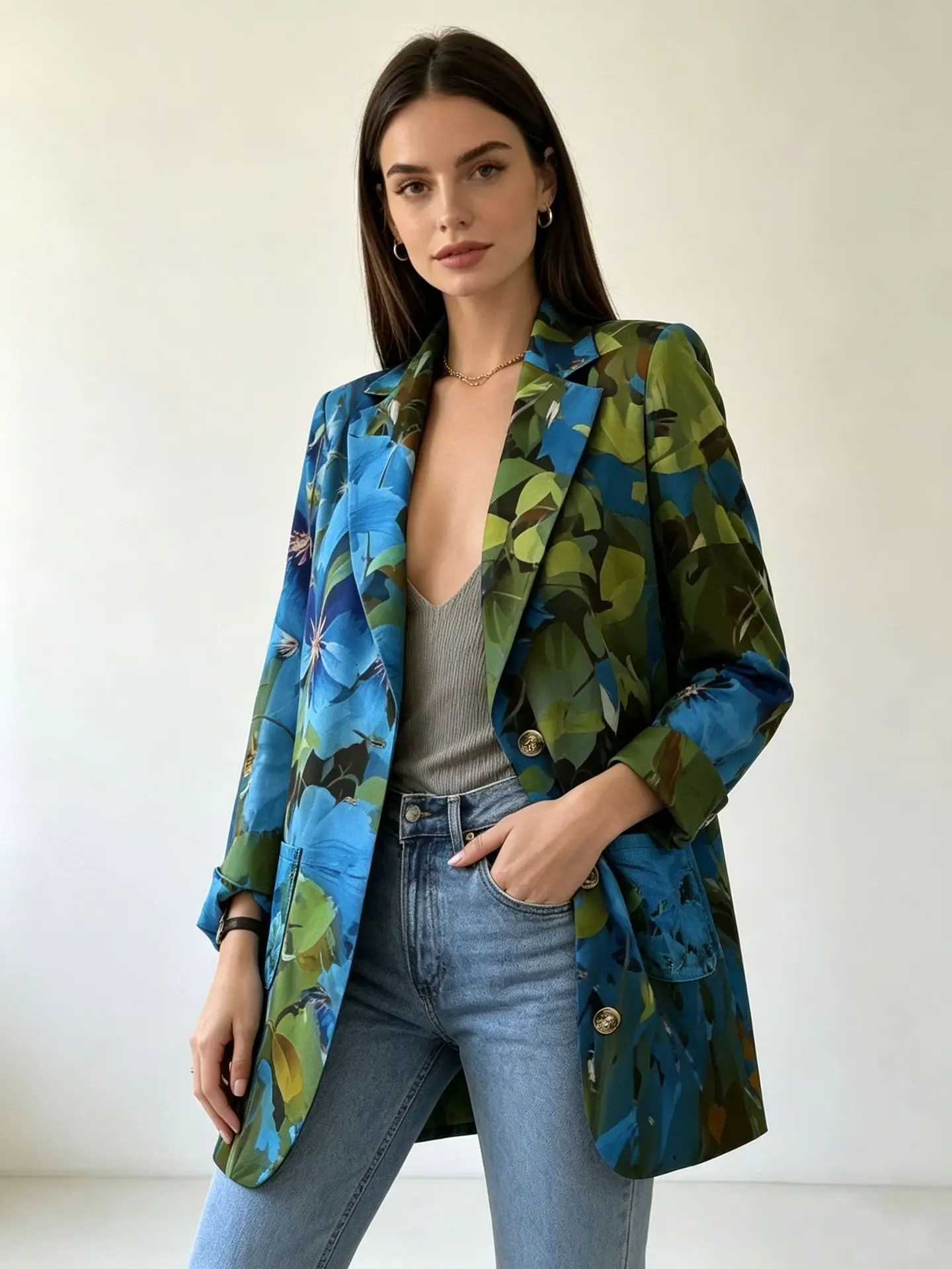 New retro print collar waist slimming business casual long-sleeve shirt women's clothing