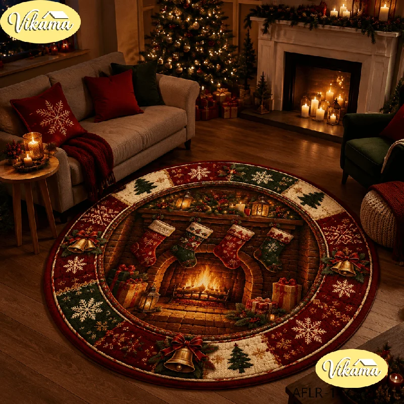 VIKAMA Nutcracker Walnut Christmas Round Rug Quilted Print Round Non Slip Mat For Living Room Bedroom Holiday Rustic Decor