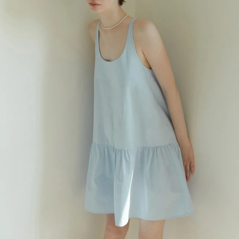 แฟชั่นชุดผ้าลินินผู้หญิงสบายๆหลวมฤดูร้อนแขนกุด U-คอ Blue High Street Holiday Beach Party Mini สั้น Vestido Feminino