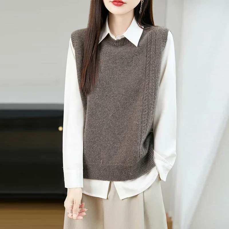 Merino Wool O Neck Sleeveless Pullover Vest for Women Twisted Edge Autumn Winter Knit Top